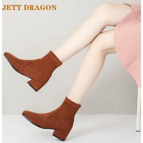 2021 New Stretch Flock Ankle Boots Women Fashion Winter Booties Thick Low Heels Boots Slip on Casual Shoes Ladies Big Size 34-43