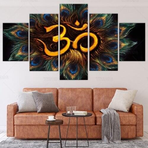 5 Piece Hinduism Canvas Wall Art Sanskrit Aum Pictures Hindu Religion Symbol Artwork Black and White Painting Living Room Home