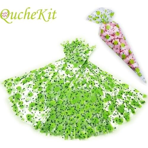 50PCS Green Dots Cone-Shaped Treat Popcorn Bags Cellophane Candy Bags With Twist Ties Triangular Plastic Gift Bags