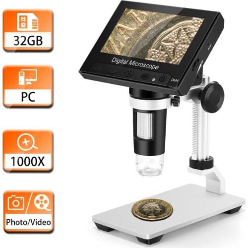 LCD Digital Microscope 4.3 inch FHD 1080P Portable Microscope 500X/1000X Magnification Camera Lens 2.0MP Video Recorder