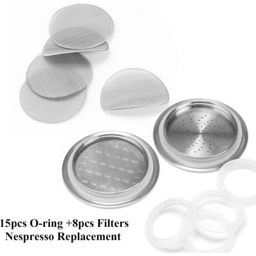 ICafilas 15 x White Silicone o-ring & 8x Filter replacement For Reusable Nespresso Stainless Steel Refillable Coffee Capsule