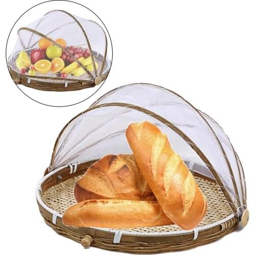 Hand-Woven Round Bamboo Food Serving Tent Fruit Bread Storage Basket Tray Mesh Storage Container With Gauze Cover