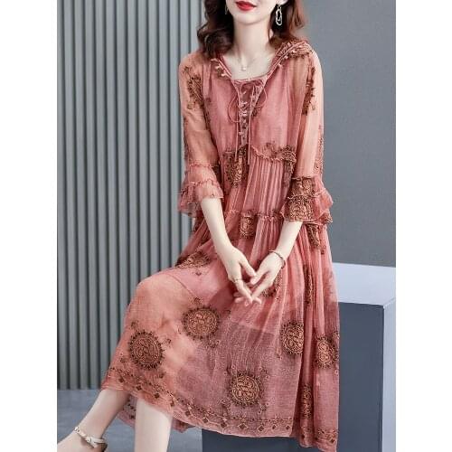 High Quality Summer Dress 2021 Elegant Midi Dress Female 100% Silk Vintage Dresses for Women Casual Vestido De Mujer Pph4526