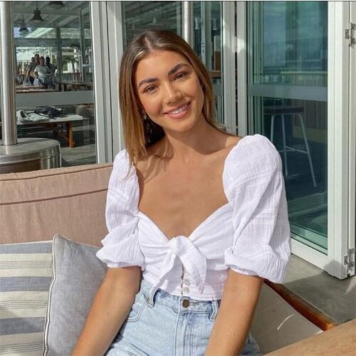 Fashion Sexy Ladies Lalter Tube Top Crop Top Chiffon Short-Sleeved Lantern Sleeves Off-Shoulder Bow Tie Crop Top Shirt