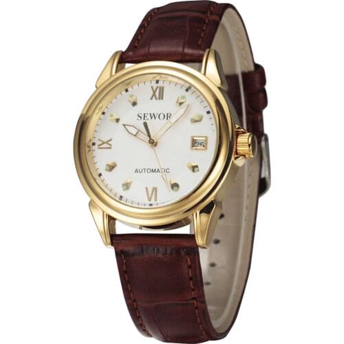 SEWOR brand design fashion luxury male leather business skeleton automatic mechanical men military wrist watch gift clock