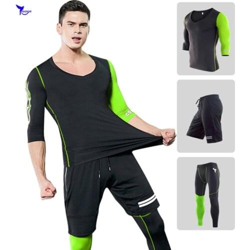 3Pcs Men Quick Dry Running Set 2019 Football Soccer Sportswear Clothing Compression Fitness Gym Three-Quarter Sleeve Sport Suit