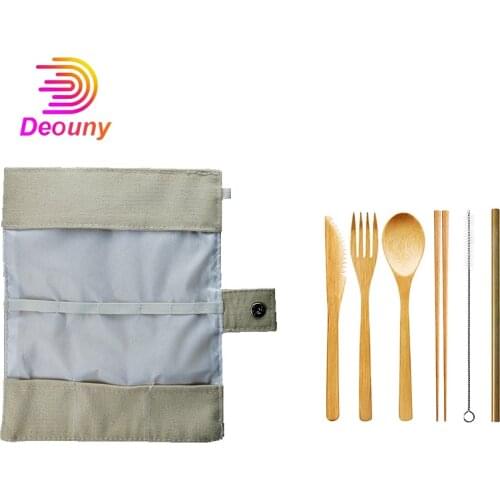 DEOUNY Zero Waste Bamboo Utensils Wooden Travel Cutlery Set Reusable Utensils With Camping Fork Spoon Knife Flatware Straw Tools
