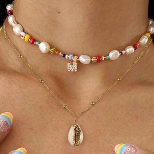 New Irregular Pearl Candy Beaded Choker Necklace For Women Layered Initials Shell Natural Stone String Beads Necklaces Jewelry