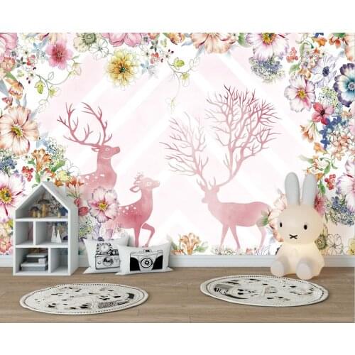 Custom photo 3d wallpaper cartoon modern minimalist watercolor plant flowers elk childrens room background wall wallpaper