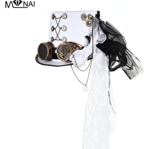 Retro Steampunk Gears Goggles White Hats Punk Top Hat With Glasses Fedora Lace Headwear Gothic Cosplay Hat for Halloween Party