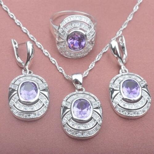 Shining Purple Crystal Wedding Womens Jewelry Sets Silver Color Ring Necklace And Earrings Set TZ0100