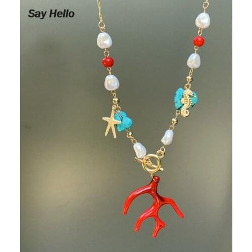 SAY HELLO Vintage Handmade Necklace for Women Shell Coral Pearl Starfish Geometric Turquoises Pendant Necklaces Jewelry A40511