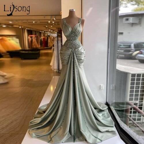 Modest Mint Green Mermaid Prom Dresses 2021 Vintage Crystal Long Prom Gowns Lace Up Formal Event Party Dress Real Image