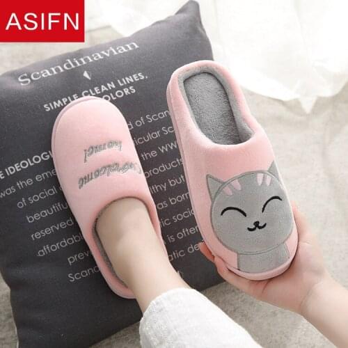 ASIFN Women Winter Home Slippers Cute Cartoon Cat Shoes Non-slip Soft Winter Warm House Indoor Bedroom Lovers Couples Slippers