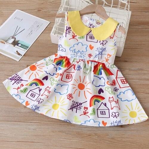 KEAIYOUHUO 2021 Spring New Fashion Sleeveless Dresses For Baby Girls Children Lovely Peter pan Collar Cartoon Clothes 2 -6 Years