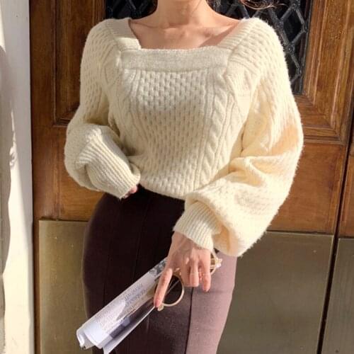 Vintage Winter Women Pullover Sweater New Fashion Square Collar Casual Jumper Sweater Solid Loose Knitted Sweaters Women 11121