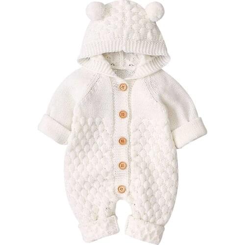 Baby Newborn Hooded Knitted Jumpsuit Toddler Overalls One-Piece Bodysuit