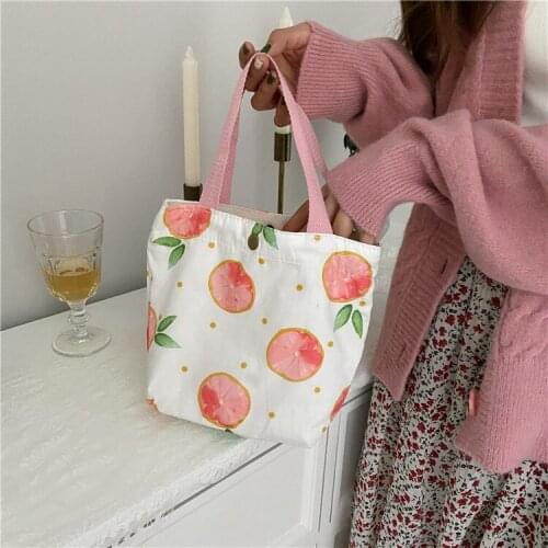 Women Canvas Handbags Tote Yellow Duck Floral Fruit Printing Picnic Lunch Bags Lady Casual Mini Cotton Cloth Shoulder Bags
