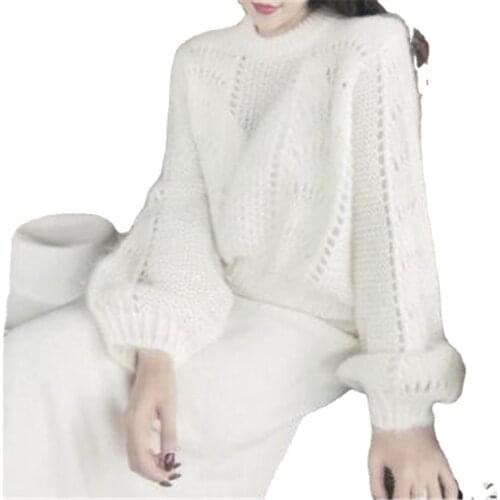 Plus Size Women New Autumn Fashion White Sweater O Neck Hollow Out Soft Mohair Knit Pullover Top Loose Casual Short Knitwear