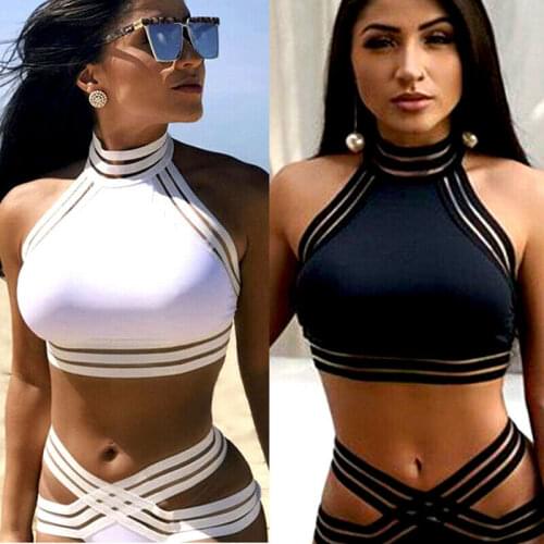 Sexy Women Black/White Hollow Out Halter Push-up Padded Bra Bandage Bikini Set Swimsuit Swimwear Bathing Beach Two-Piece Suits