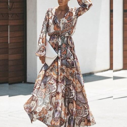 VAZN 2021 Autumn Plus Size High-end Retro Free Young Sexy Chiffon Deep V-Neck Full Sleeve Long Dress Women For Evening Robe