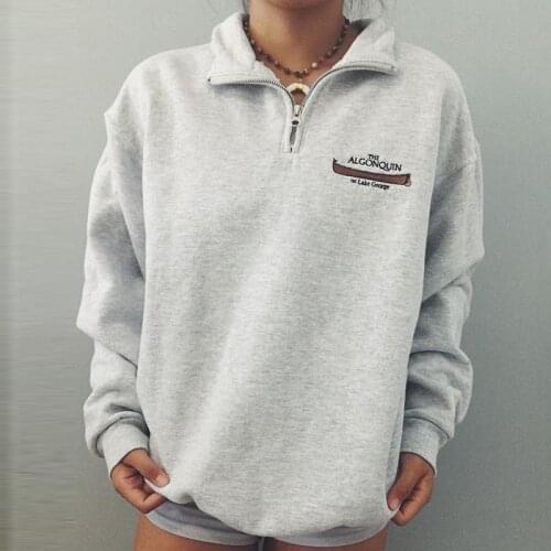 2021 Winter Tops Thick Gray Zip Up Collar Letter Print Sweatshirt Women Long Sleeve Pullovers Plus Size Goth Punk Teens Clothes