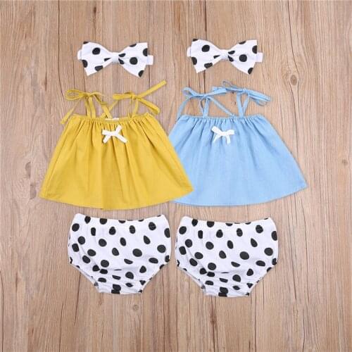 3 Piece Baby Girl Summer Outfits Set Sleeveless Self-Tie Strap Tank Tops + Dot Bloomers + Headband Set for 0-3 Years