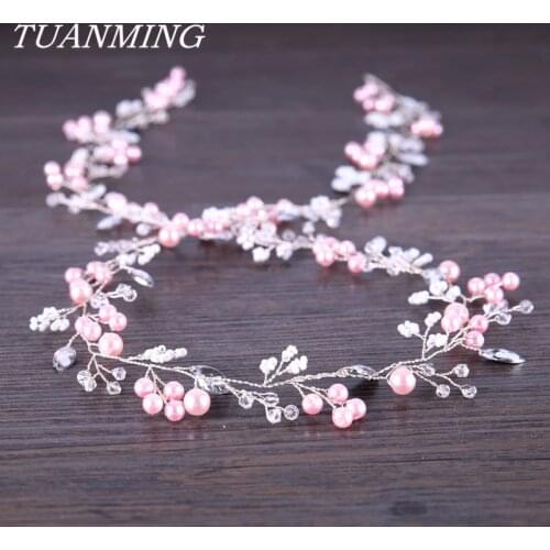 98 cm Pink Pearl Wedding Headband Crystal Bride Hair Accessories Long Hair Vine Bridal Hairband Bride Bridesmaids Jewelry