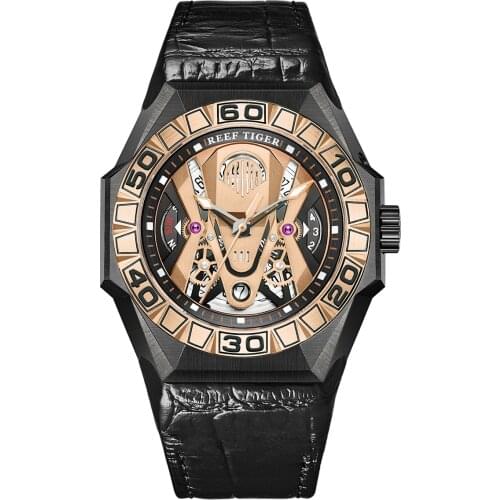 Reef Tiger Mens Military Watches Men Automatic Watch Mechanical Wristwatch Diving 200M Waterproof Skeleton Sapphire Mirror