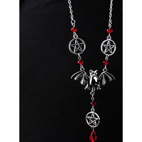 Gothic Evil Bat Necklaces for Women Magic Pentagram Water Drop Pendant Wizard Long Necklace Gothic Jewelry Accessories VGN067