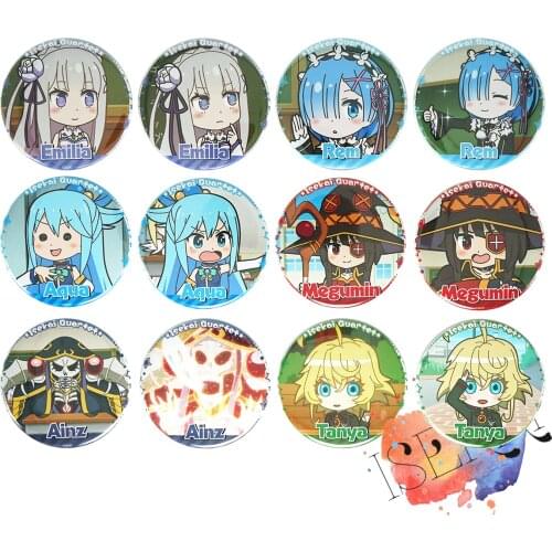 Isekai Quartet Anime Isekai Karutetto Konosuba Rezero Over Lord Megumin Tanya Aqua Rem Emilia Metal Badge Brooch Pins