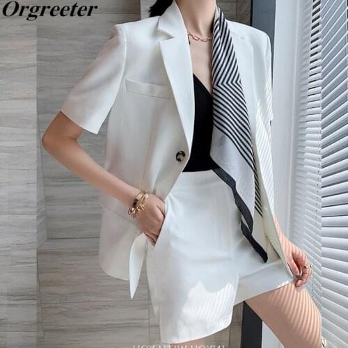 Fashion Two Pieces Sets Women Elegant Scarf Short Sleeve Notched Blazer Jacket+Pocket Mini Shorts Suits OL Female Outfits