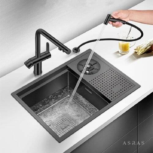ASRAS 5338NX SUS304 Black Nano kitchen Sink With High-Pressure Automatic Cup Rinser Coffee Shop Wine Bar basin sink with faucet