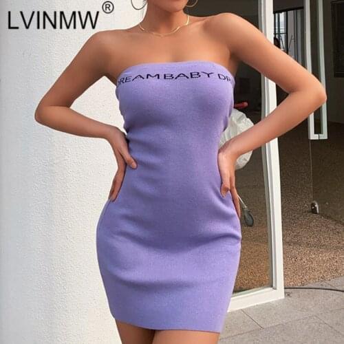 LVINMW Strapless Backless Letter Printed Sexy Skinny Purple Mini Dress Solid Fashion Slim Ribbed Sleeveless Dresses Women Summer