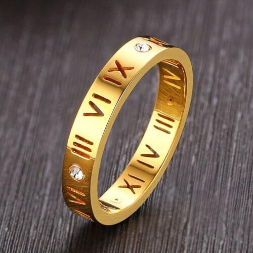 Fashion Jewelry Elegant Temperament Of Hollow Out Lucky Roman Numerals Gold Color Stainless Steel Ring