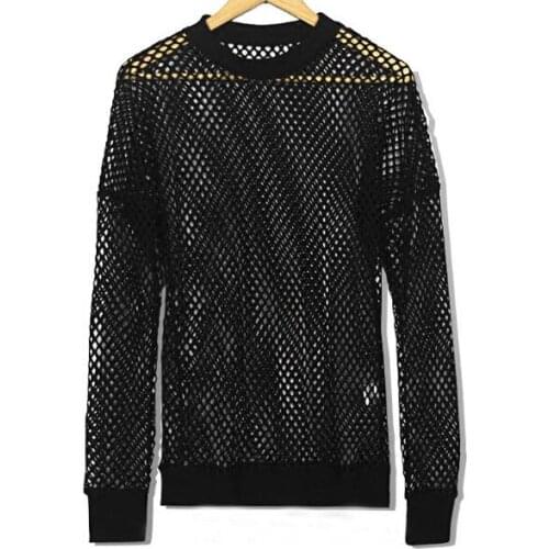 New Gothic Hollow Out Mens Summer Long Sleeve T-shirt High Street Fishing Net See Through Sexy Male Tops Tees Casual Breathable