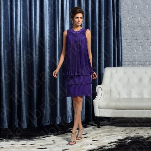 Wholesale Charming Purple Short Chiffon Mother of the Bride Dresses Beaded Jewel Neck Sleeveless Wedding Party Gowns Knee Length