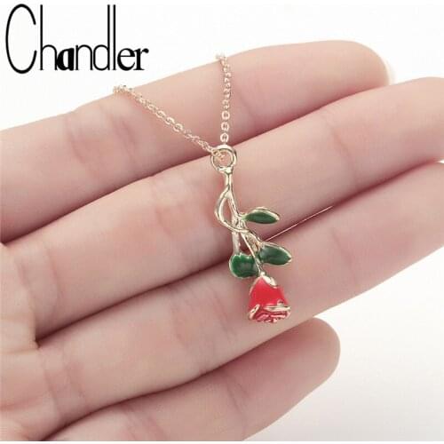 Chandler Red Rose Flower Necklace For Women 40cm Chain Chokers Flora Beauty and Beast Jewelry Delicate Handmade Lovers Gifts