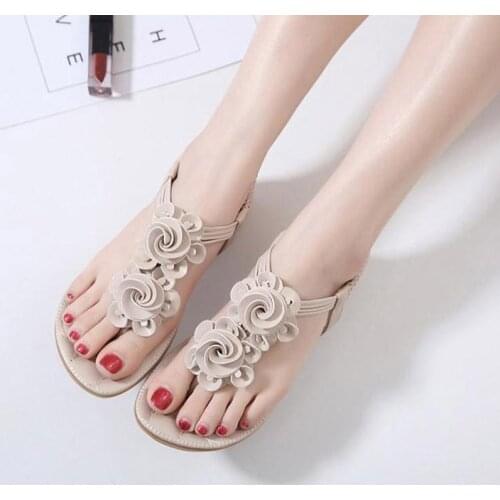 Casual Beach Sandal Shoes Woman Sandals 2021 Solid Color Flip Flop Flower Summer Flat Sandals Ladies T-Strap Zapatos Mujer
