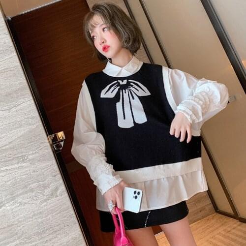 Stitching shirt sleeves bowknot jacquard knitting false two shirts womens spring 2021 new High Quality Top Quality