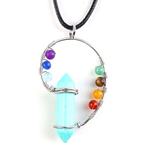 Trendy-beads Silver Plated Green Turquoises Stone Hexagon Chakra Pendant Colorful Round Beads Necklace