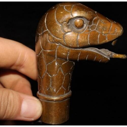 Vintage | Antique | Tibet folk Bronze Brass Asian Nepal Chinese Hand Carved Figure Crutch Cane Head Walking Stick Snake