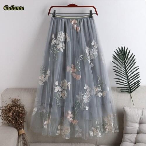 Guilantu 2021 Summer Embroidery Floral Tulle Long Skirts Women Clothes Elastic High Waist Mesh Mid-calf A-line Skirts Female