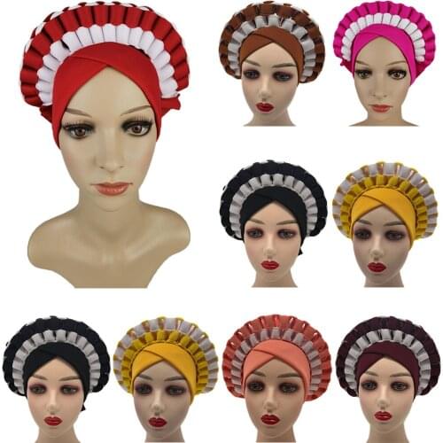 African Auto Gele Headties Ready To Wear Women Turban Cap Muslim Hijab Nigerian Head Wrap Traditional Wedding Aso Oke Hat 2pcs
