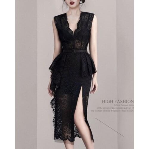 Luxuriy Ladies Dress Temperament Ruffles Black Lace Pencil Dress Women Sleeveless V-neck High-end Slim Sexy Dresses With Belt