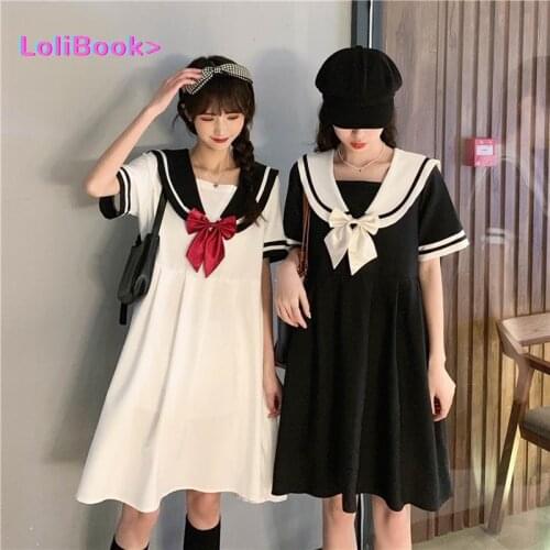 Lolibook 2021 summer Japanese Sweet Preppy Style Short Sleeve Dress Women Fairy A-line Vestidos Harajuku Sailor Collar Dresses