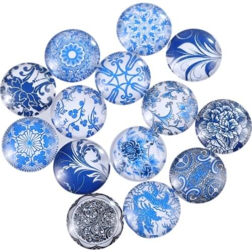 10pcs 20mm DIY jewelry accessories glass cabochon gem circular blue and white porcelain pattern Necklace glass patch charm China