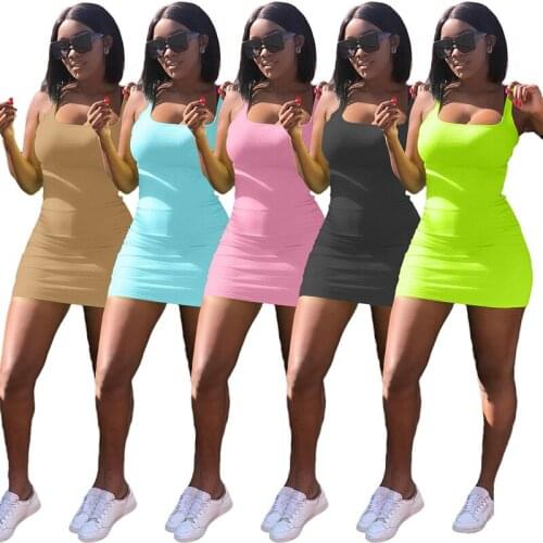 2021 Summer Dress Womens Casual Solid Color Big U-Neck Suspender Slim Dress Street Style Knitted Tight Sexy Mini Club Dress