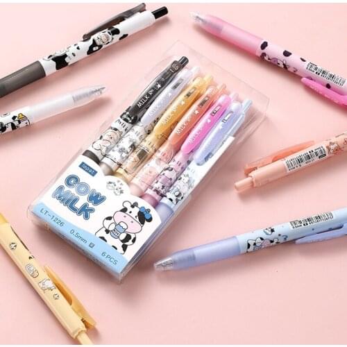 6pcs Busy Cow Gel Pen Set Cute Cartoon Click Type 0.5mm Roller Ball Black Color for Writing Office School Supplies H6120