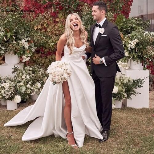 Satin Boho Wedding Dresses 2021 High Slit Strapless A-Line Country Bridal Gowns Beach Bride Dress Vestido De Noiva